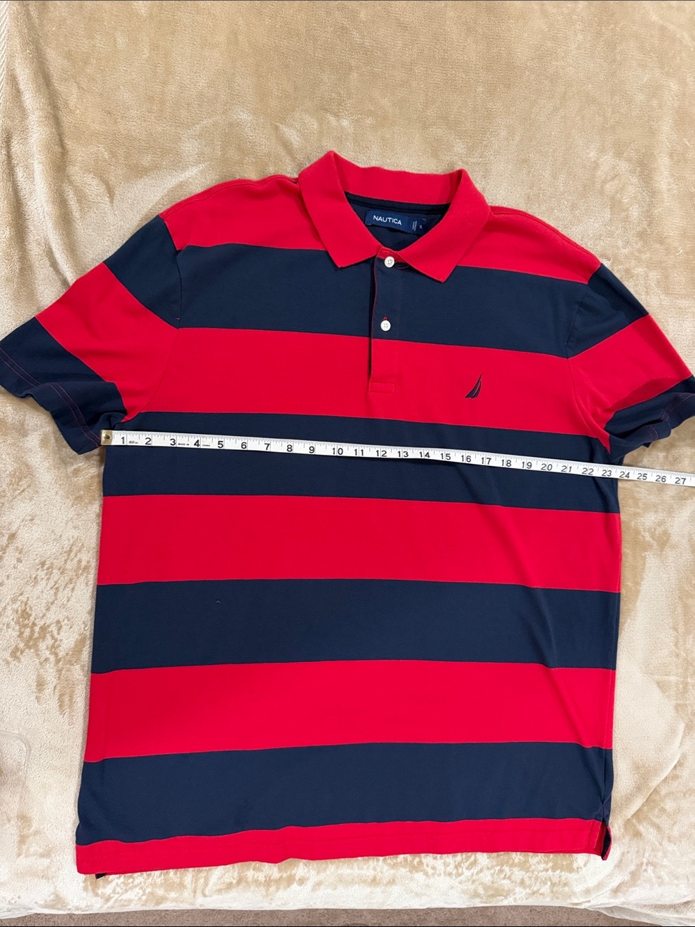 Nautica Men’s Red and Navy Wide-Stripe Polo